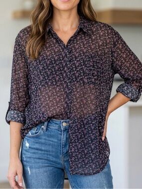 Xhilaration Black Floral Sheer Long Sleeve Top 1X